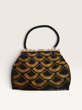Vintage Art Deco Black & Gold Scalloped Beaded Evening Purse Clutched Bag